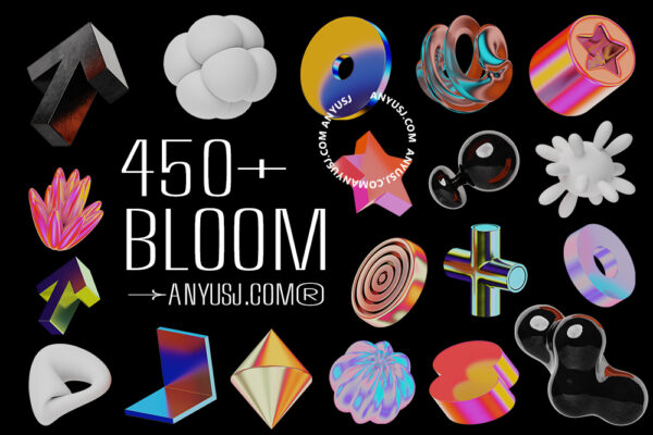 450+3D立体抽象几何艺术金属镀铬渐变图形PNG免扣元素Blender模型设计套装Bloom 3d Shapes-第5879期-