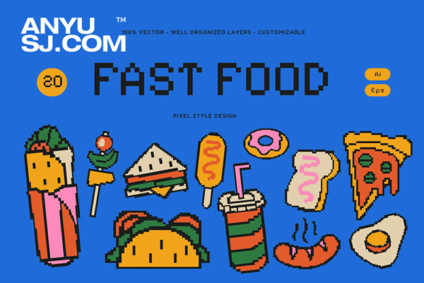 20款复古趣味像素风卡通快餐披萨汉堡三明治卷饼食物AI矢量插画套装Blue Pixel Fast Food Illustration Set