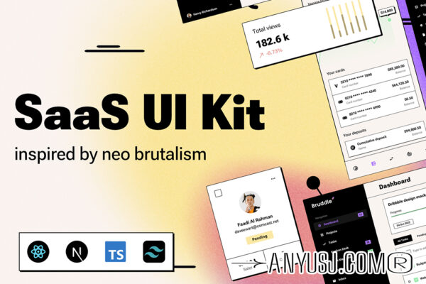 10款中性粗野主义现代设计项目管理金融CRM应用程序SaaS综合工具编码包Bruddle – Neo brutalism coded UI Kit