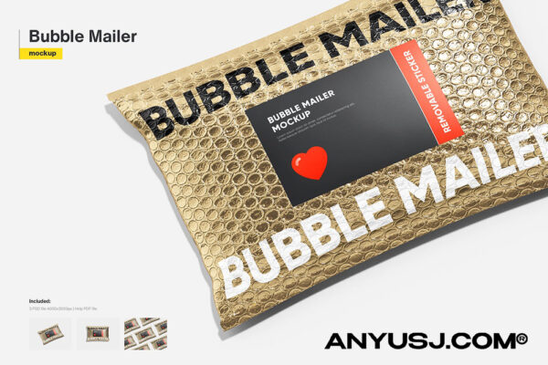 3款极简质感塑料气泡膜防震缓冲快递邮件包装袋PSD样机Bubble Mailer Mockup