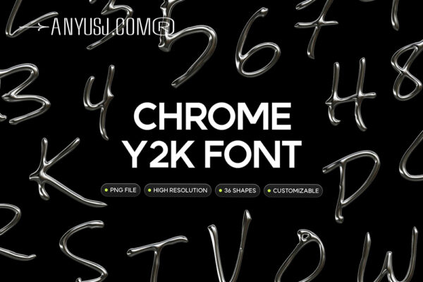 36款3D立体银色金属镀铬Y2K英文大写字母数字PNG免扣装饰字体设计套装Chrome Y2K Font-第5982期-