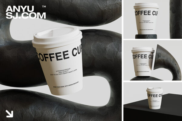 6款极简艺术咖啡杯纸杯外卖杯奶茶杯PSD包装设计展示样机套装Coffee Cup Mockup Collection-第6026期-