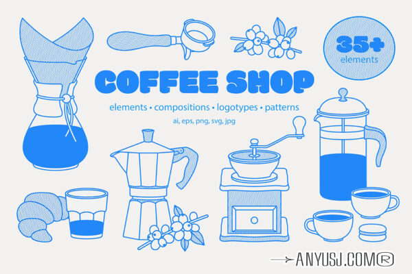 20款趣味手绘咖啡品牌店铺AI矢量插画插图图案设计套装Coffee Shop-第5893期-