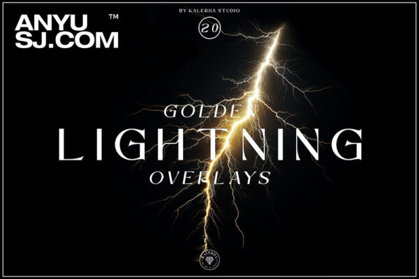 20款金色电影级逼真闪电雷电叠加PNG背景肌理元素Golden Lightning Overlays