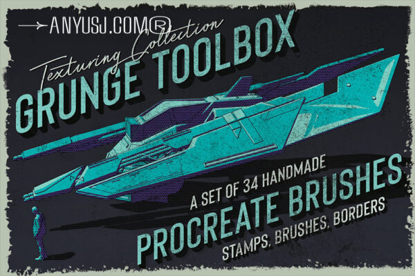 34款复古磨损污迹油漆滚筒半调颗粒漫画插画Procreate肌理绘画笔刷套装Grunge Toolbox Procreate Brushes