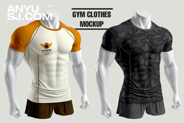 3D立体运动服健身服短袖T恤服装印花设计展示PSD样机Gym Clothes mockup