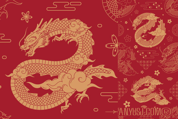 10款新年龙年龙图腾无缝图案插画插图EPS矢量分层源文件Hand drawn chinese dragon pattern set