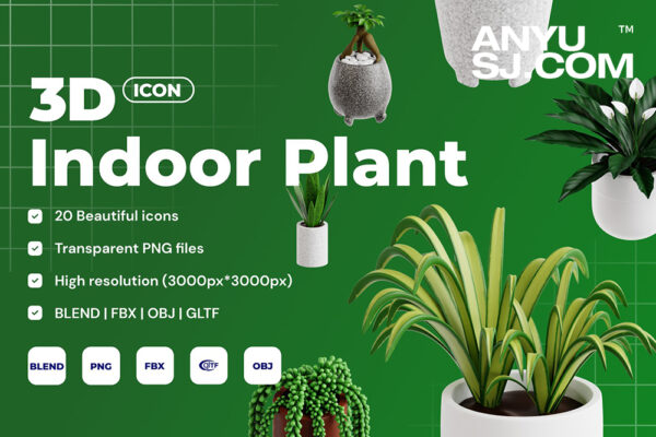 20款3D立体室内盆栽仙人掌多肉绿色植物绿植PNG免扣插画模型设计套装Indoor Plant 3D Icon Set