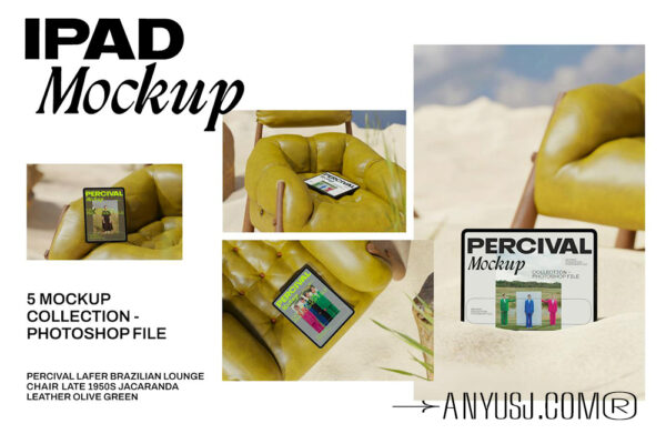 5款极简艺术Ipad平板电脑UI界面APP壁纸设计展示沙滩沙发场景PSD样机Ipad Mockup Realistic Device
