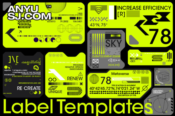 60款未来赛博朋克科技机能工业风标签贴纸卡片AI矢量图形排版设计套装Label Templates-第5849期-