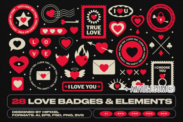 28款七夕情人节爱心徽标logo徽章贴纸图形图标AI矢量设计套装Love Badges & Elements