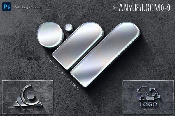 3款质感3D立体亚克力玻璃金属镀铬logo徽标设计展示PSD特效样机Metal Logo Mockups