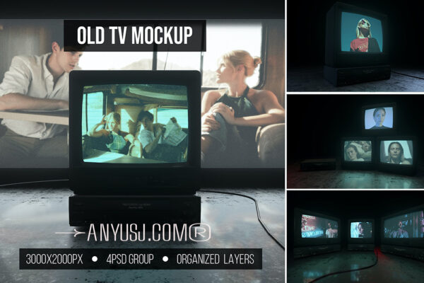 4款复古老式旧电视机监控器显示屏PSD样机Old TV Mockups