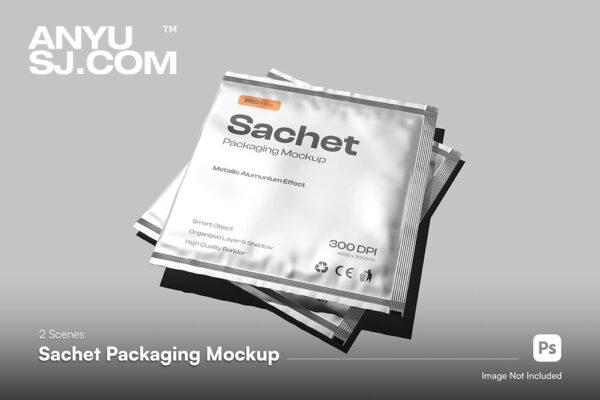 2款质感极简银色金属铝箔袋产品包装袋PSD样机Sachet Mockup