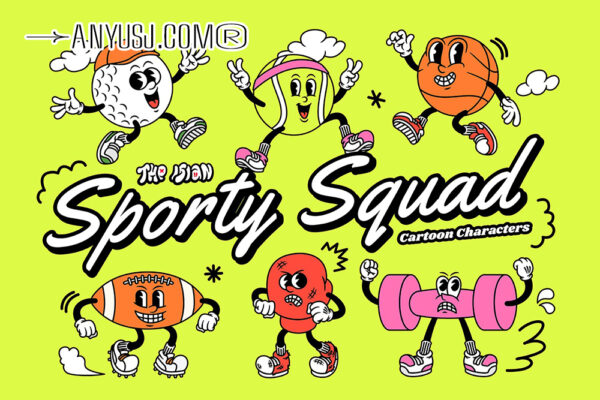 20款卡通趣味篮球足球运动体育竞技活动比赛拟人IP角色插画漫画logo徽标印花AI矢量设计套装Sporty Squad Cartoon Characters-第5976期-