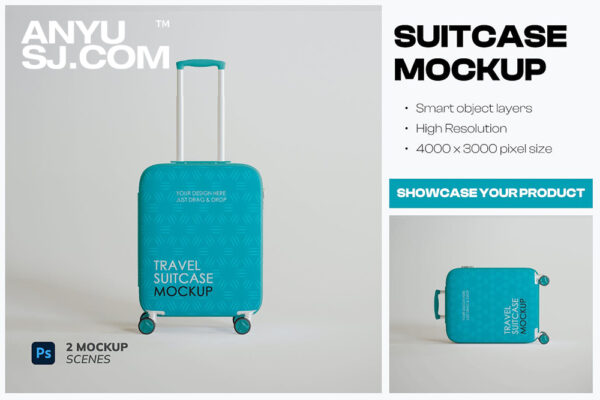 2款极简小型航空拉杆箱行李箱PSD样机Suitcase Mockup
