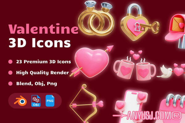 23款3D情人节七夕爱心钻石礼物趣味卡通插画图标Icon免扣Blender模型套装Valentine 3D Icons Set-第6027期-