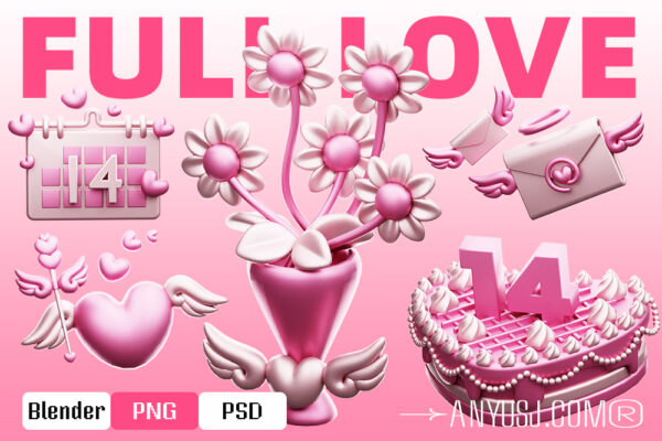 20款3D立体情人节花朵花卉蛋糕爱心日历icon图标插画PNG免扣图形模型套装Valentine’s Day 3D Icon Pack-第5980期-