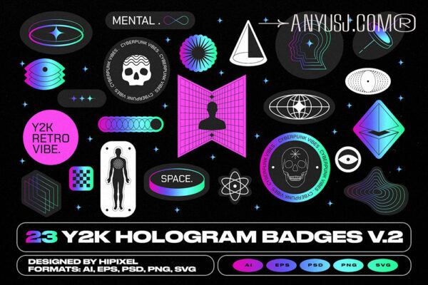 23款复古Y2K全息赛博徽标logo贴纸矢量图标设计套装Y2K Hologram Badge Stickers V.2