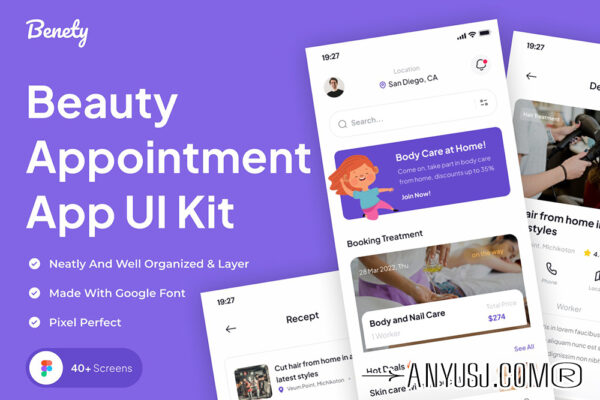 现代极简美容移动APP应用预约UI布局设计套件Benety – Beauty Appointment App UI Kits