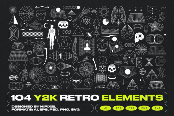 104款Y2K复古赛博网格几何矢量抽象艺术图标图形AI套装Y2K Retro Elements Pack