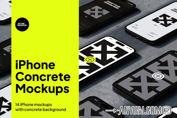 14款现代极简工业风水泥IPhone手机UI设计APP布局壁纸展示PSD作品集贴图样机套装iPhone Concrete Mockups-第5913期-