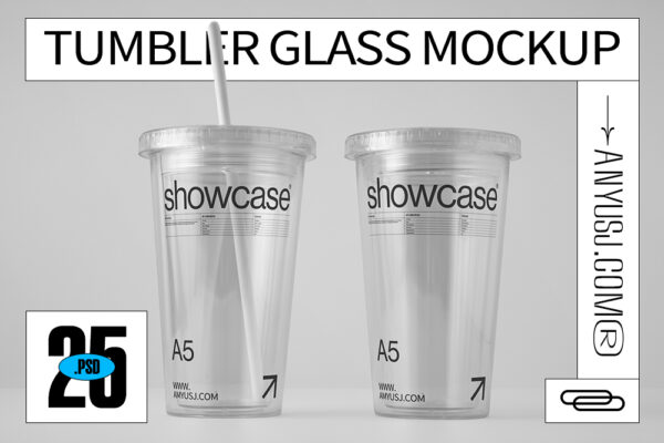 25款透明玻璃杯塑料杯咖啡杯奶茶杯饮料杯外卖杯吸管外观包装设计PSD样机套装Transparent Tumbler Glass Mockup-第5932期-