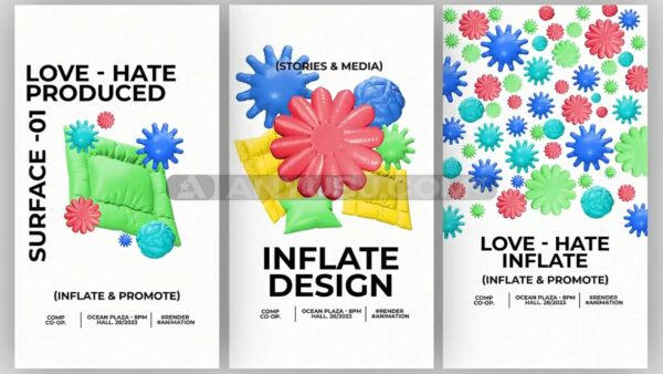 6款趣味3D塑料充气膨胀卡通垂直社交媒体动态海报AE模板套装Inflate Typography Stories-第6015期-
