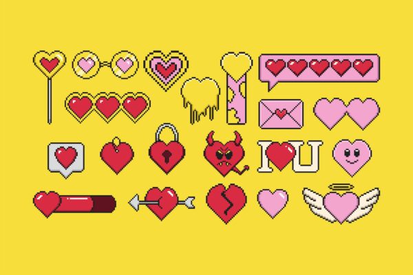 趣味情人节七夕复古像素风爱心插画插图AI矢量图形套装Pixelated Heart Icon Set