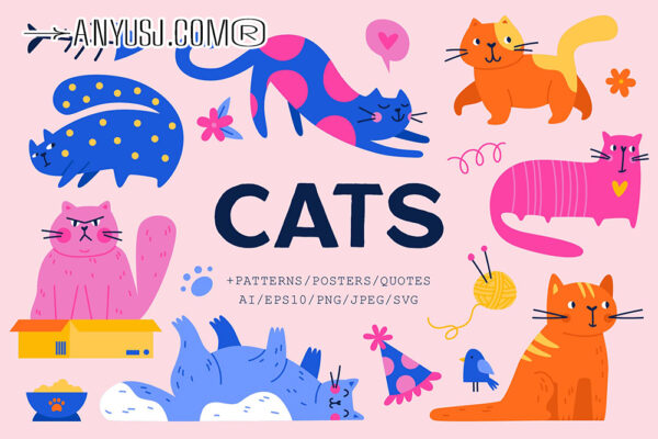 100+趣味卡通手绘可爱猫咪宠物猫AI矢量插画无缝图案PNG拼贴设计套装CATS | CLIPART + PATTERNS-第6070期-