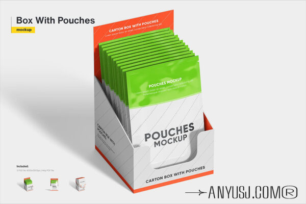 3款极简塑料袋包装袋暖宝宝包装盒展示盒PSD样机Carton Box With Pouches Mockup