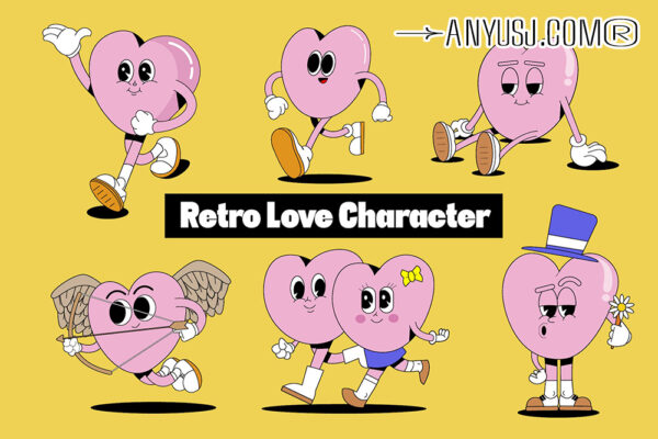 6款情人节七夕卡通趣味手绘拟人爱心插画插图AI矢量套装Cd Love Retro Character Set