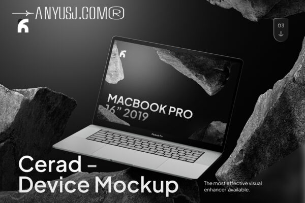 3款质感现代工业风暗黑岩石场景MacBook笔记本电脑UI界面设计展示PSD样机Cerad – Macbook Pro Modern Mockups