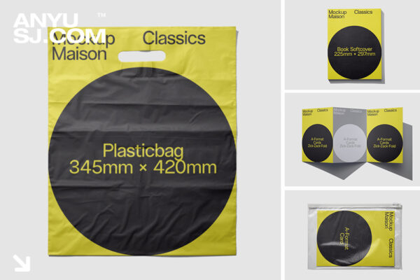 6款极简质感品牌VI塑料袋手提袋名片书籍卡片三折页PSD样机Classics1 Collection vol.01 by Maison-第6166期-