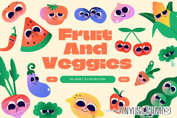 20款趣味手绘渐变水果蔬菜AI矢量插画设计套装Cream Gradient Fruit and Veggies Illustration Set
