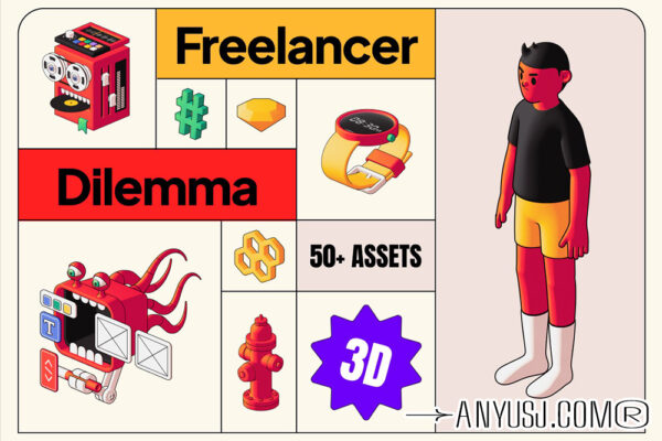 60+现代3D趣味自由职业者工作装饰物品艺术插画PNG免扣元素Blender模型套装Freelancer Dilemma 3D Illustration-第6170期-
