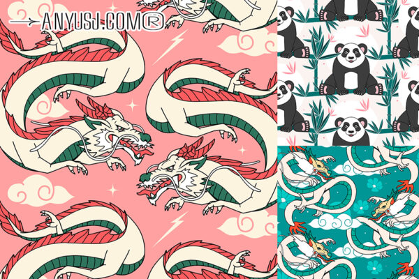 10款新年春节龙年熊猫无缝图案插画背景插图AI矢量套装Hand drawn chinese dragon, panda and turtle shell pattern set