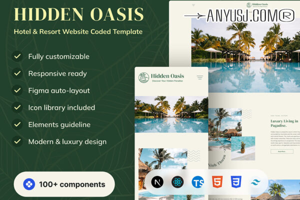 现代极简酒店和度假村网站网页编码UI界面布局设计模板Hidden Oasis – Hotel & Resort Website Coded Template