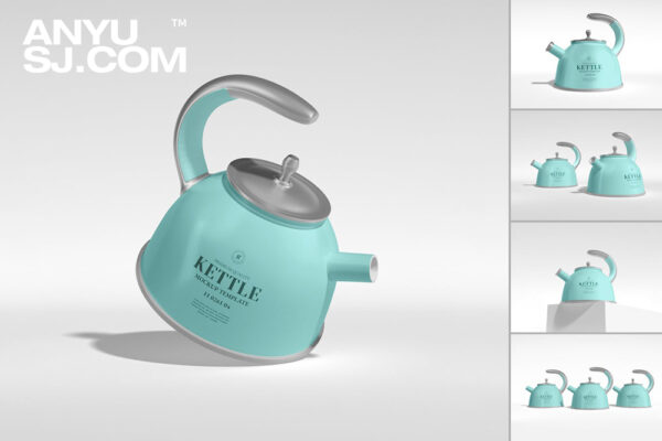 5款极简金属茶壶水壶品牌外观设计展示PSD样机Metal Tea Kettle Branding Mockup Set