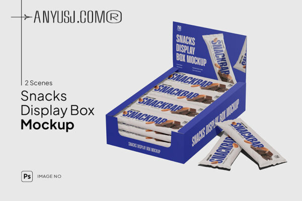 2款巧克力零食士力架塑料包装袋包装盒纸盒PSD样机Snack Bar Box Mockup