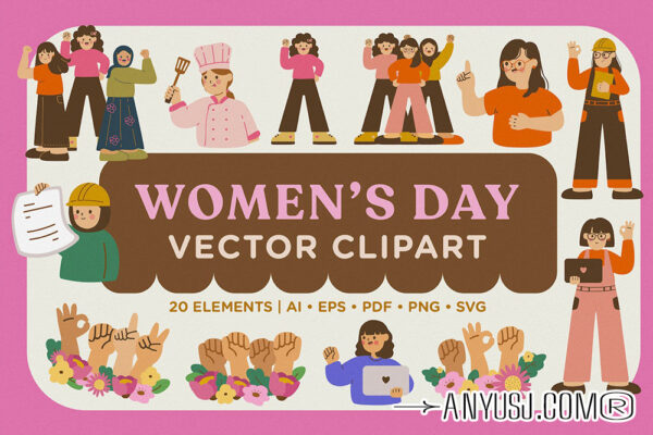 20款3·8妇女节趣味卡通女性女孩人物AI矢量插画插图PNG免扣元素套装Women’s Day Vector Clipart Pack