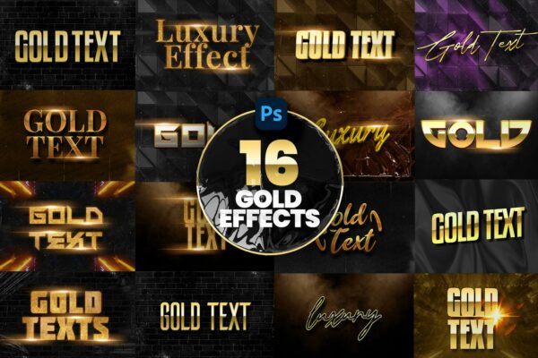 16款3D立体奢华黄金金色镀铬金属文本标题logo徽标特效PSD样机套装Gold Text Effect