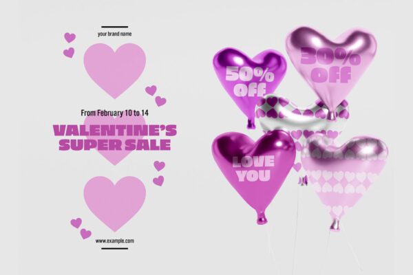 情人节七夕3d立体爱心气球PSD样机Valentine’s Day Balloon Background Mockup