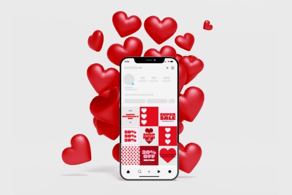 情人节七夕爱心背景手机屏幕界面海报壁纸广告设计展示PSD样机Smartphone with Floating Hearts Decoration Mockup