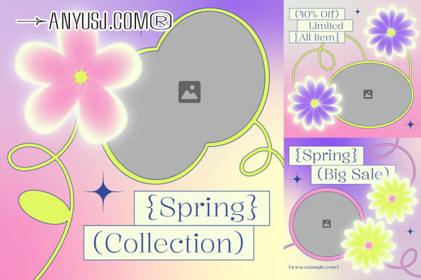 12款趣味春季渐变INS花朵花卉插画社交媒体小红书海报排版设计PSD/AI模板Purple Gradient Spring Fashion Instagram Pack-第6229期-