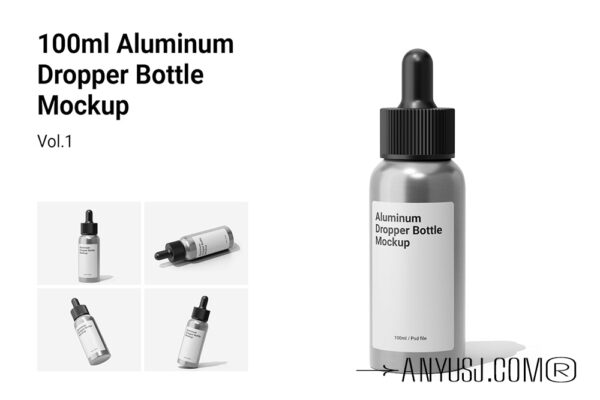 4款极简化妆品护肤品100毫升金属铝罐滴管瓶包装瓶PSD样机100ml Aluminum Dropper Bottle Mockup Vol.1