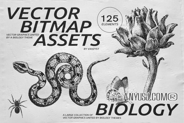 125款复古生物学昆虫动物鸟类鱼类人体骨骼植物自然界像素位图AI矢量插画PNG免扣设计套装125 Vector Bitmap Assets. Biology-第6416期-