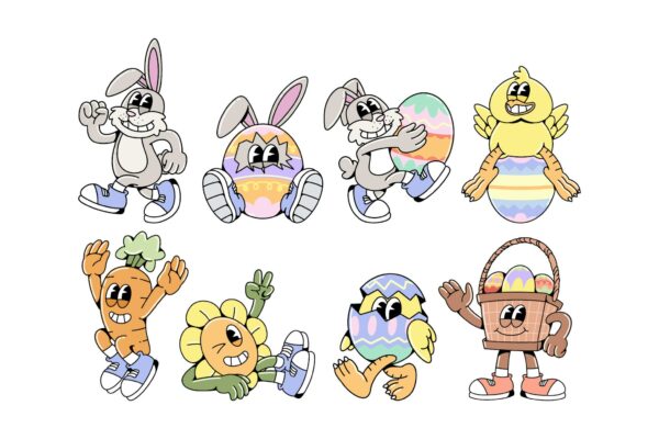 8款趣味复活节卡通手绘兔子花朵萝卜彩蛋AI矢量插画插图Easter Mascot Character Illustration Set