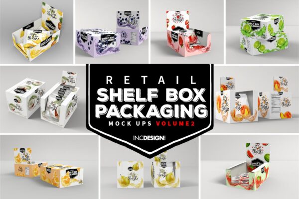 9款零食食品货架盒包装盒纸盒售卖展示盒PSD样机套装VOLUME 2: Retail Shelf Box Packaging Mockups