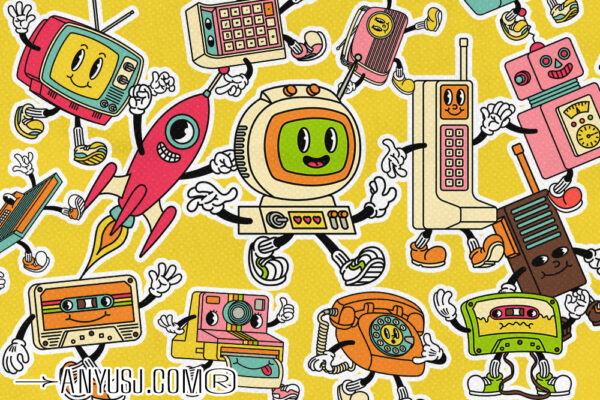 复古趣味70年代Y2K迪斯科时髦磁带机器人电子设备拟人化卡通贴纸logo插画AI矢量设计套装70s Retro Tech Cartoon Characters-第6349期-